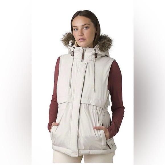 Prana Jackets & Blazers - PrAna Banajaara Cream Hooded Vest with Faux Fur Trim